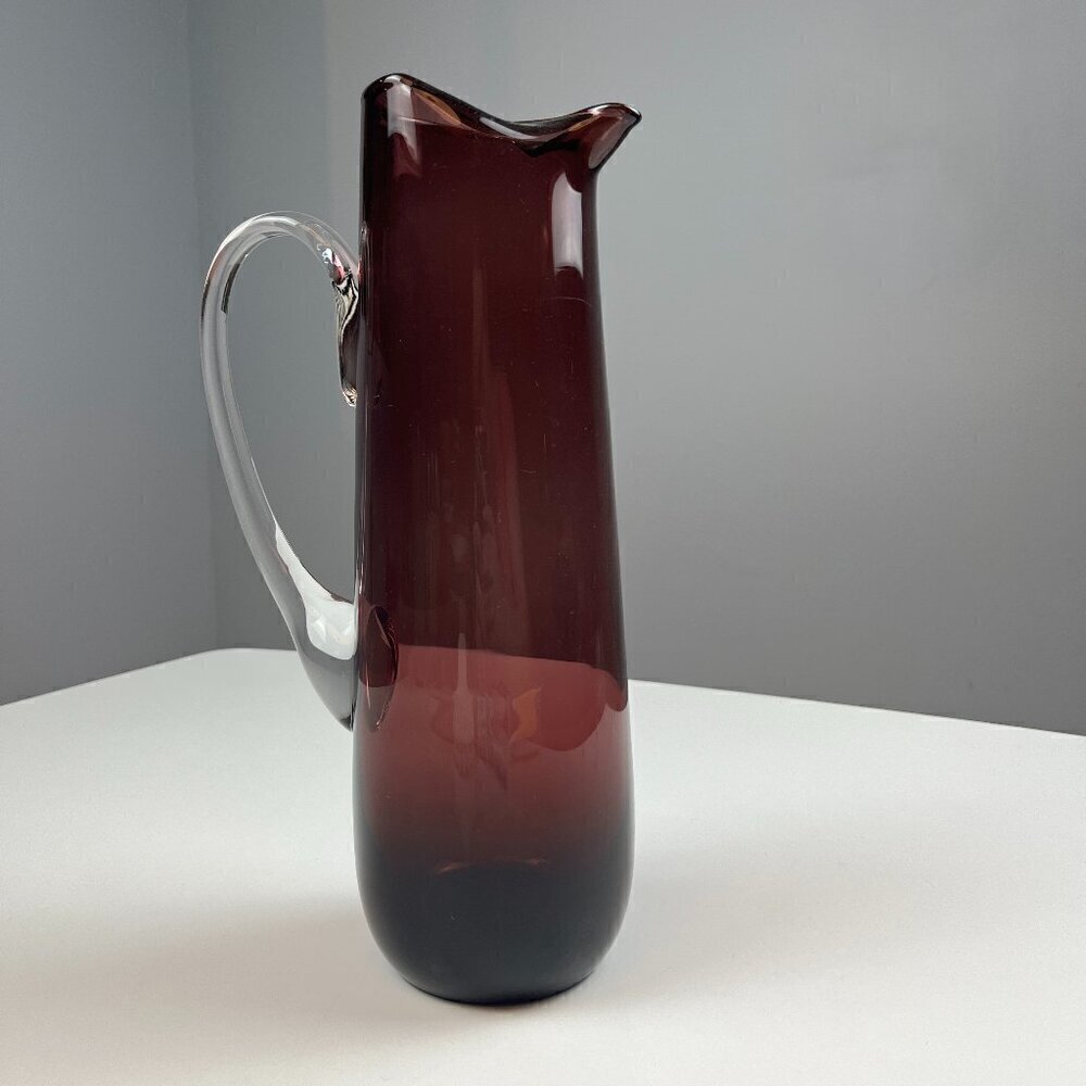 Hand blown pitcher amethyst art glass jug pinch spout